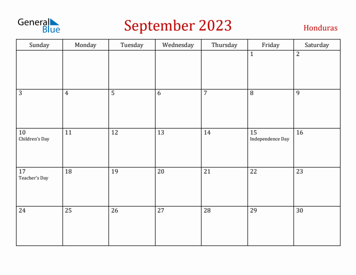 Honduras September 2023 Calendar - Sunday Start