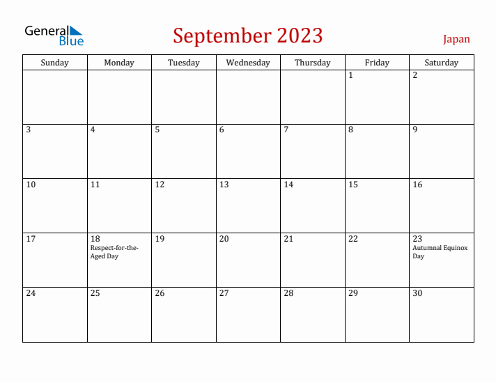 Japan September 2023 Calendar - Sunday Start