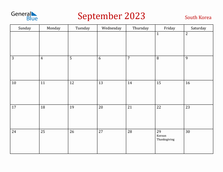 South Korea September 2023 Calendar - Sunday Start