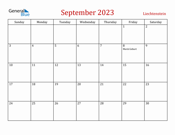 Liechtenstein September 2023 Calendar - Sunday Start