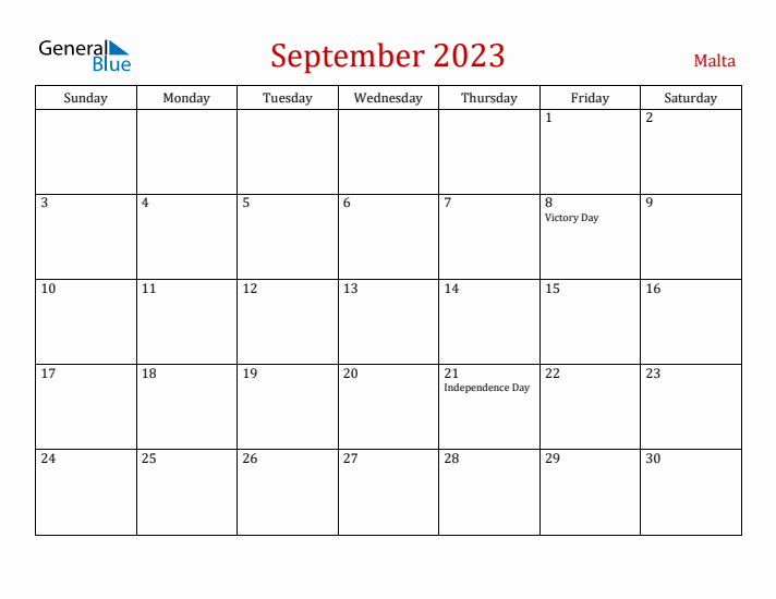 Malta September 2023 Calendar - Sunday Start