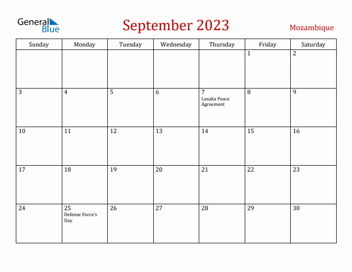 Mozambique September 2023 Calendar - Sunday Start