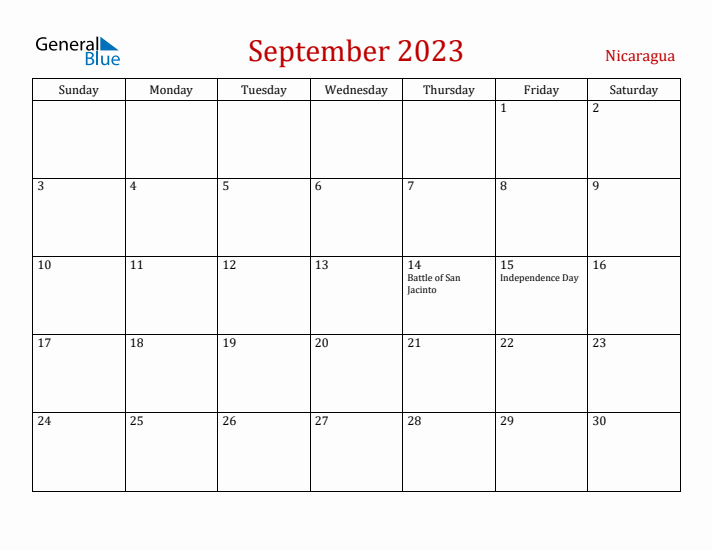 Nicaragua September 2023 Calendar - Sunday Start