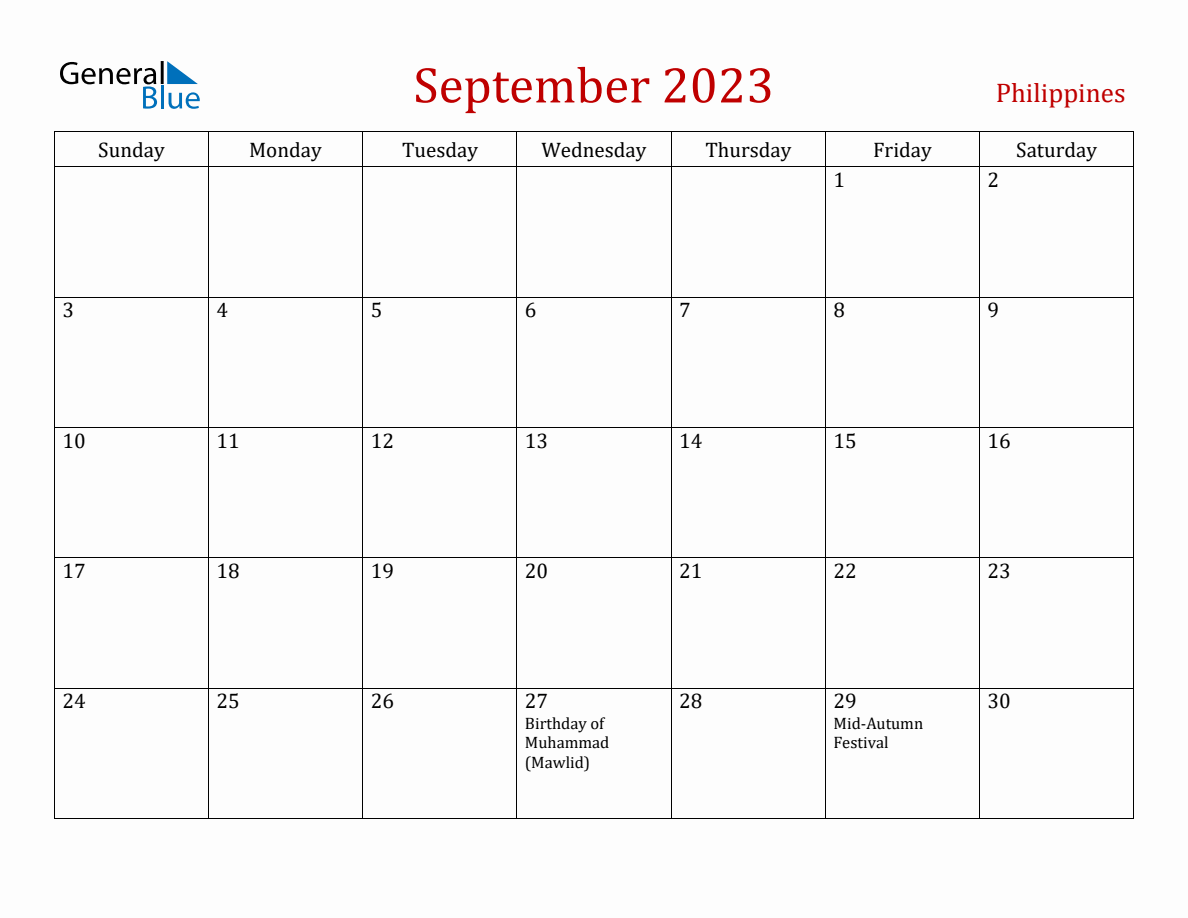 September 2023 Philippines Monthly Calendar with Holidays