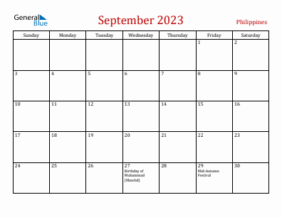 Current month calendar with Philippines holidays for September 2023