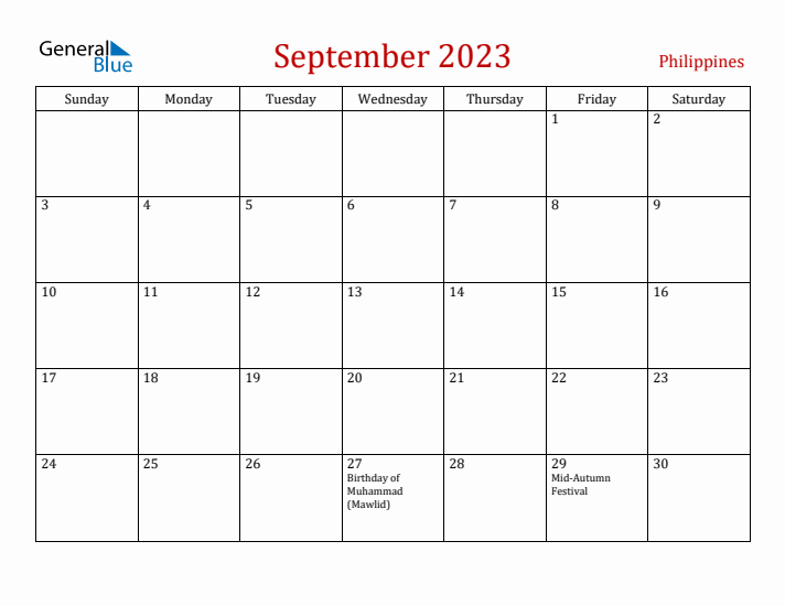 Philippines September 2023 Calendar - Sunday Start