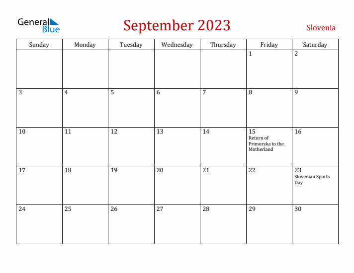 Slovenia September 2023 Calendar - Sunday Start