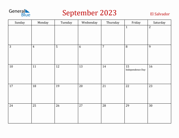 El Salvador September 2023 Calendar - Sunday Start