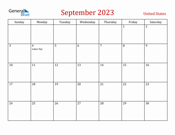 United States September 2023 Calendar - Sunday Start