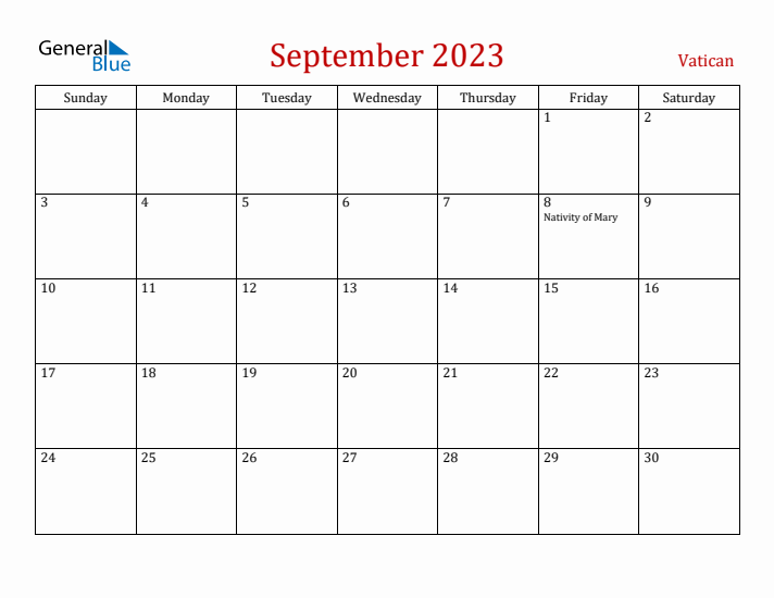 Vatican September 2023 Calendar - Sunday Start