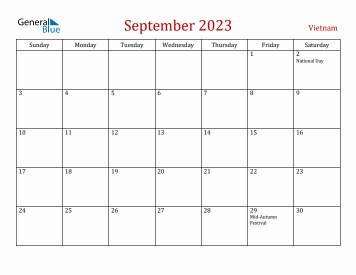 Vietnam September 2023 Calendar - Sunday Start