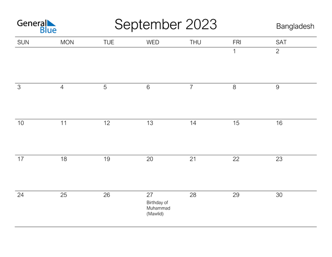 Printable September 2023 Calendar for Bangladesh
