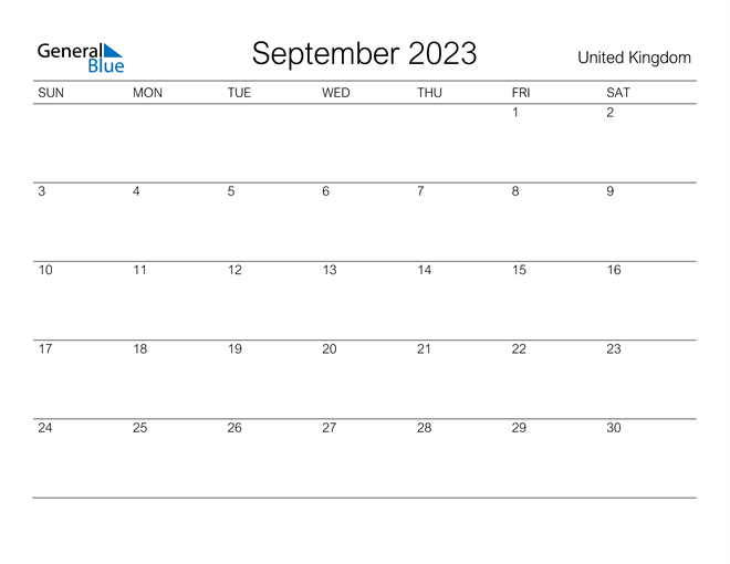 September 2023 Calendar With United Kingdom Holidays