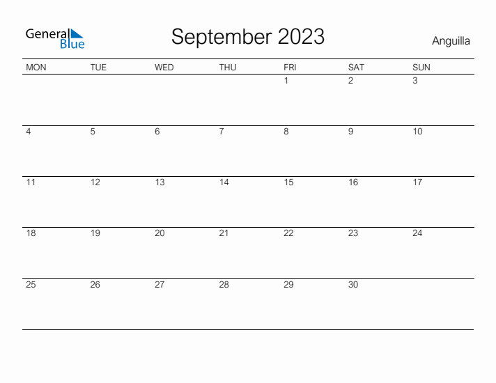 Printable September 2023 Calendar for Anguilla