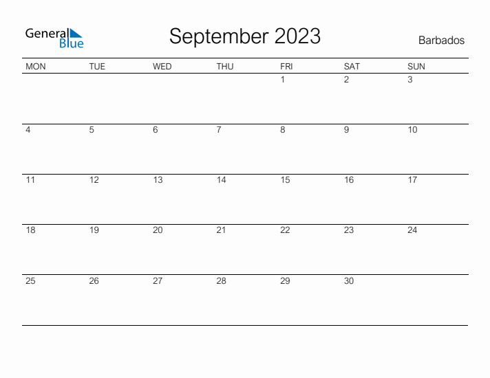 Printable September 2023 Calendar for Barbados