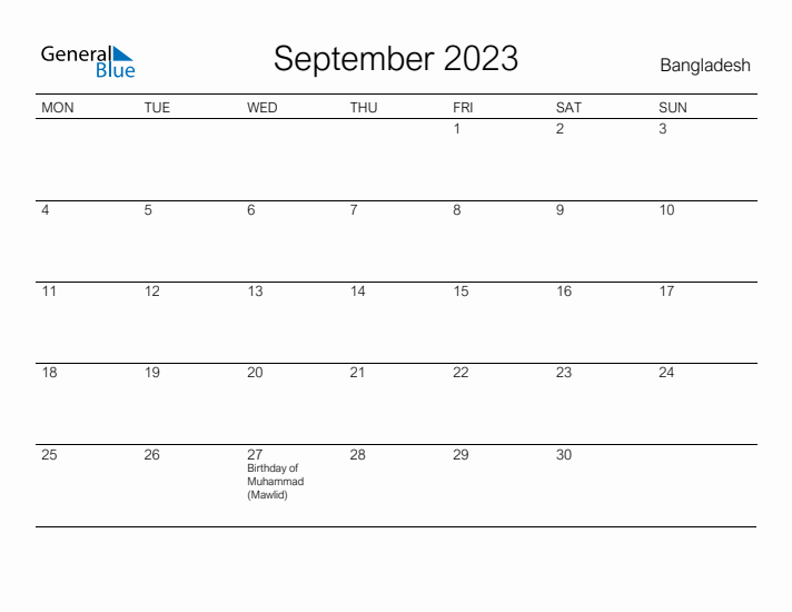 Printable September 2023 Calendar for Bangladesh
