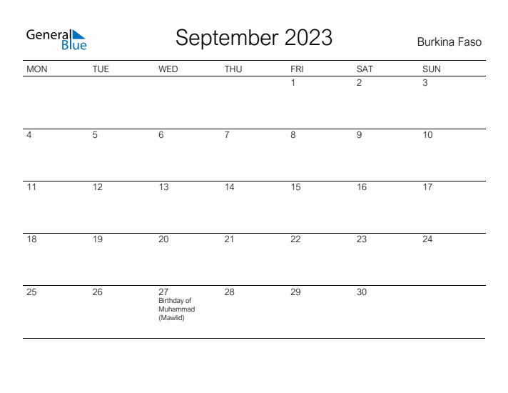 Printable September 2023 Calendar for Burkina Faso