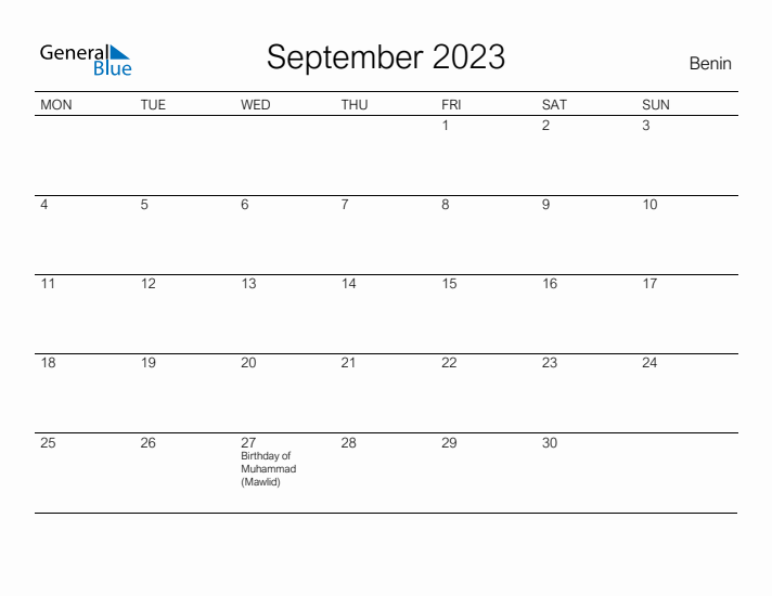 Printable September 2023 Calendar for Benin