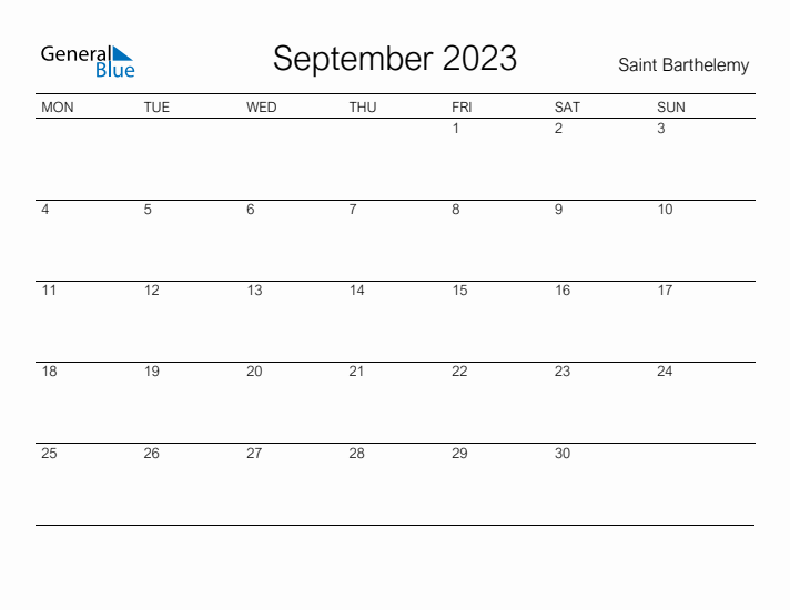 Printable September 2023 Calendar for Saint Barthelemy