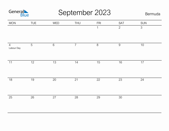 Printable September 2023 Calendar for Bermuda