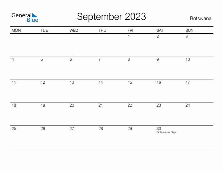 Printable September 2023 Calendar for Botswana