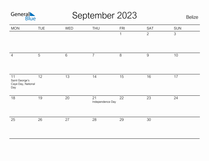 Printable September 2023 Calendar for Belize