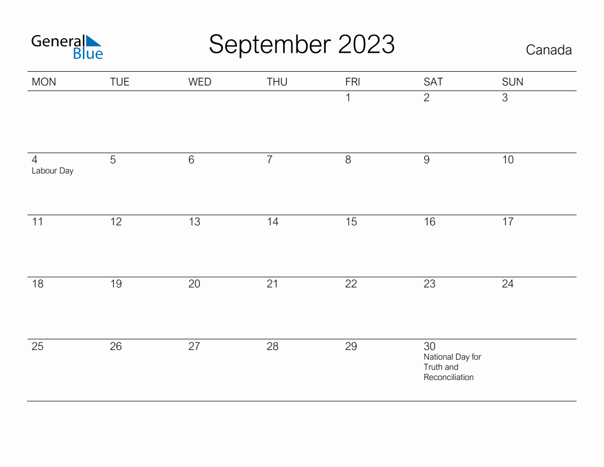 Printable September 2023 Monthly Calendar with Holidays for Canada