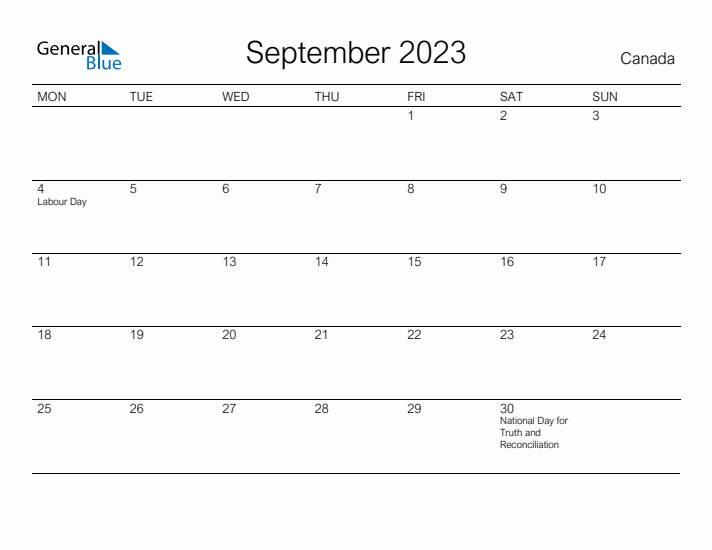 Printable September 2023 Calendar for Canada
