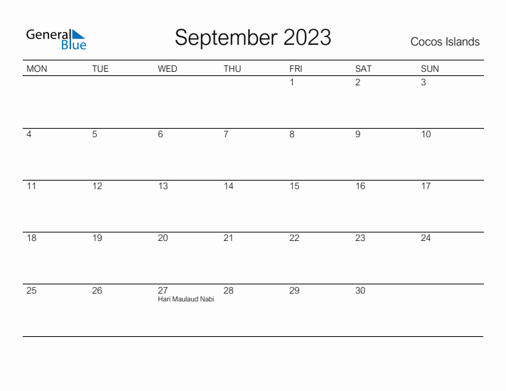 Printable September 2023 Calendar for Cocos Islands