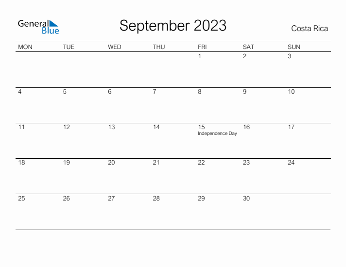 Printable September 2023 Calendar for Costa Rica