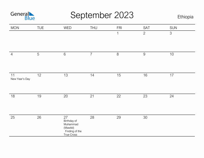 Printable September 2023 Calendar for Ethiopia