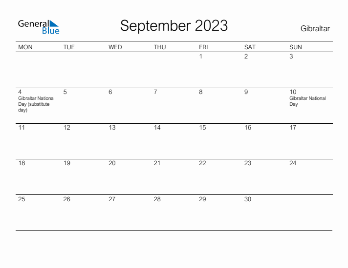 Printable September 2023 Calendar for Gibraltar