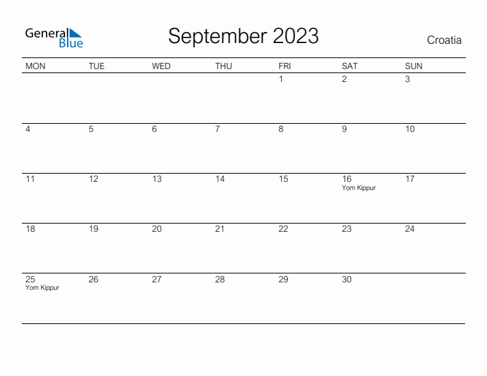 Printable September 2023 Calendar for Croatia