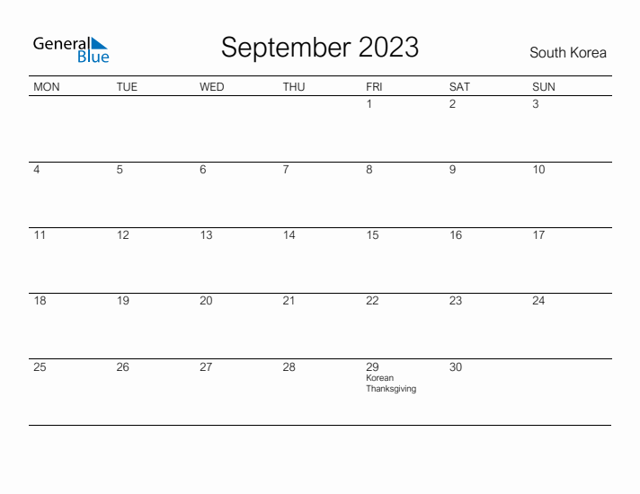 Printable September 2023 Calendar for South Korea
