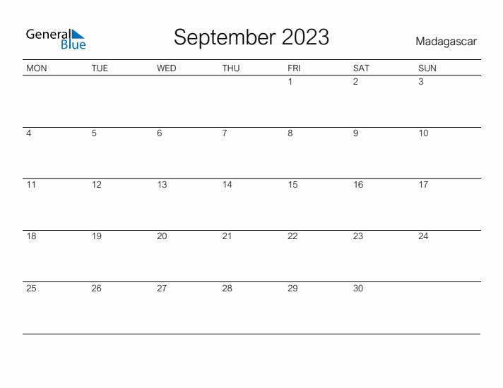 Printable September 2023 Calendar for Madagascar