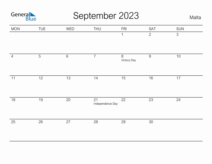 Printable September 2023 Calendar for Malta