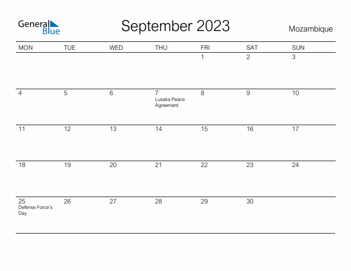 Printable September 2023 Calendar for Mozambique