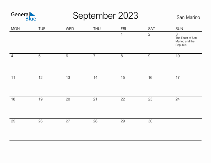 Printable September 2023 Calendar for San Marino