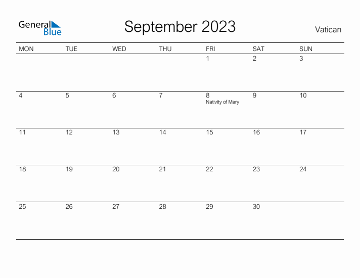 Printable September 2023 Calendar for Vatican