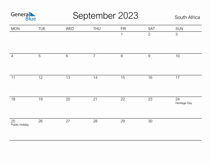Printable September 2023 Calendar for South Africa