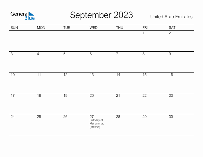 Printable September 2023 Calendar for United Arab Emirates