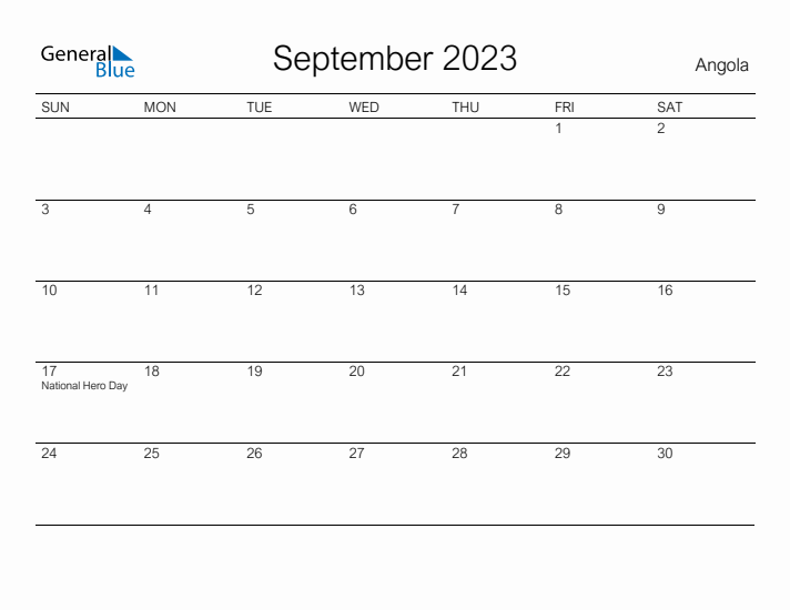 Printable September 2023 Calendar for Angola