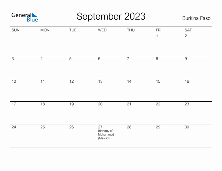 Printable September 2023 Calendar for Burkina Faso
