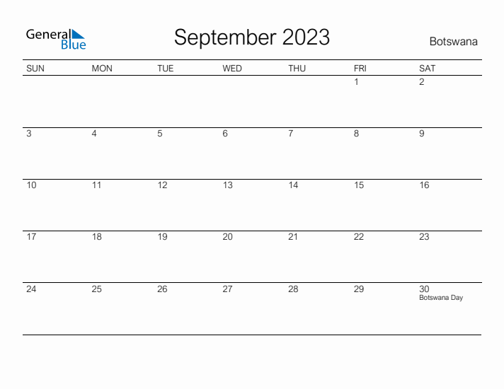 Printable September 2023 Calendar for Botswana