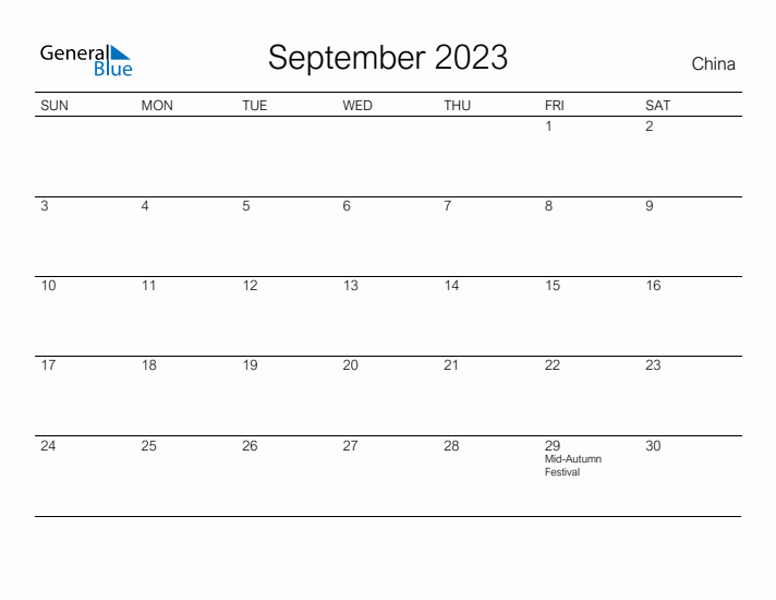 Printable September 2023 Calendar for China