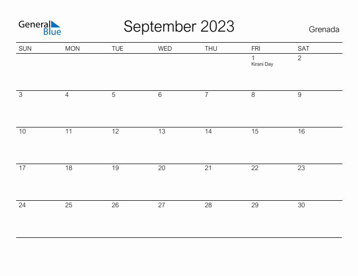 Printable September 2023 Calendar for Grenada