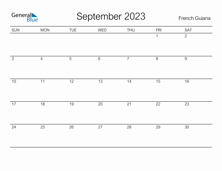 Printable September 2023 Calendar for French Guiana