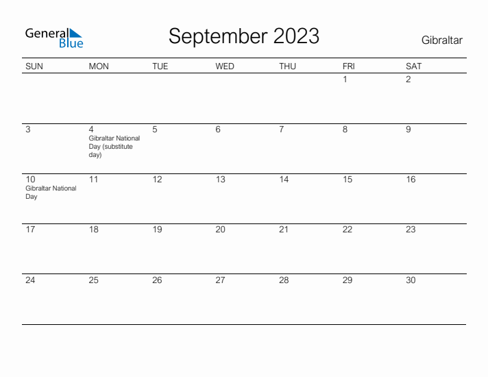Printable September 2023 Calendar for Gibraltar
