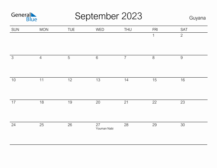 Printable September 2023 Calendar for Guyana
