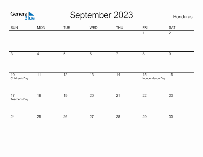 Printable September 2023 Calendar for Honduras